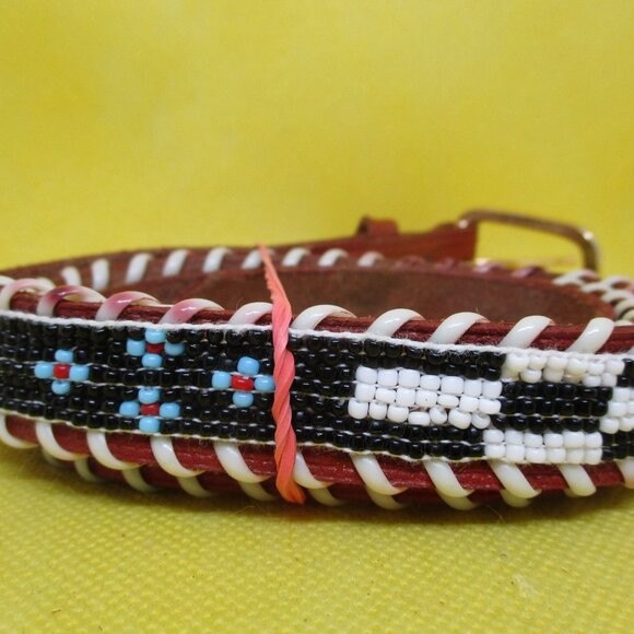 Seed Bead Tan Embossed Genuine Leather Belt Gold Tone Buckle Southwestern Belt - Picture 4 of 7